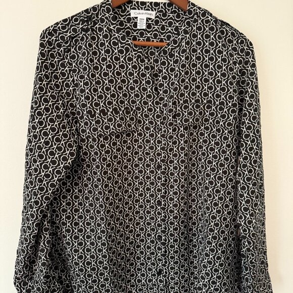 Calvin Klein Women Long Sleeve Allover Logo Neck Blouse Medium Retail $74.50 - Picture 1 of 16